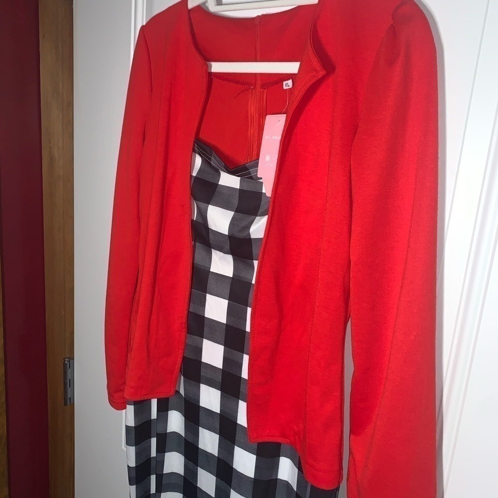 Xinfu Checkered Midi dress with attached Red jacket New size XL - Picture 4 of 6